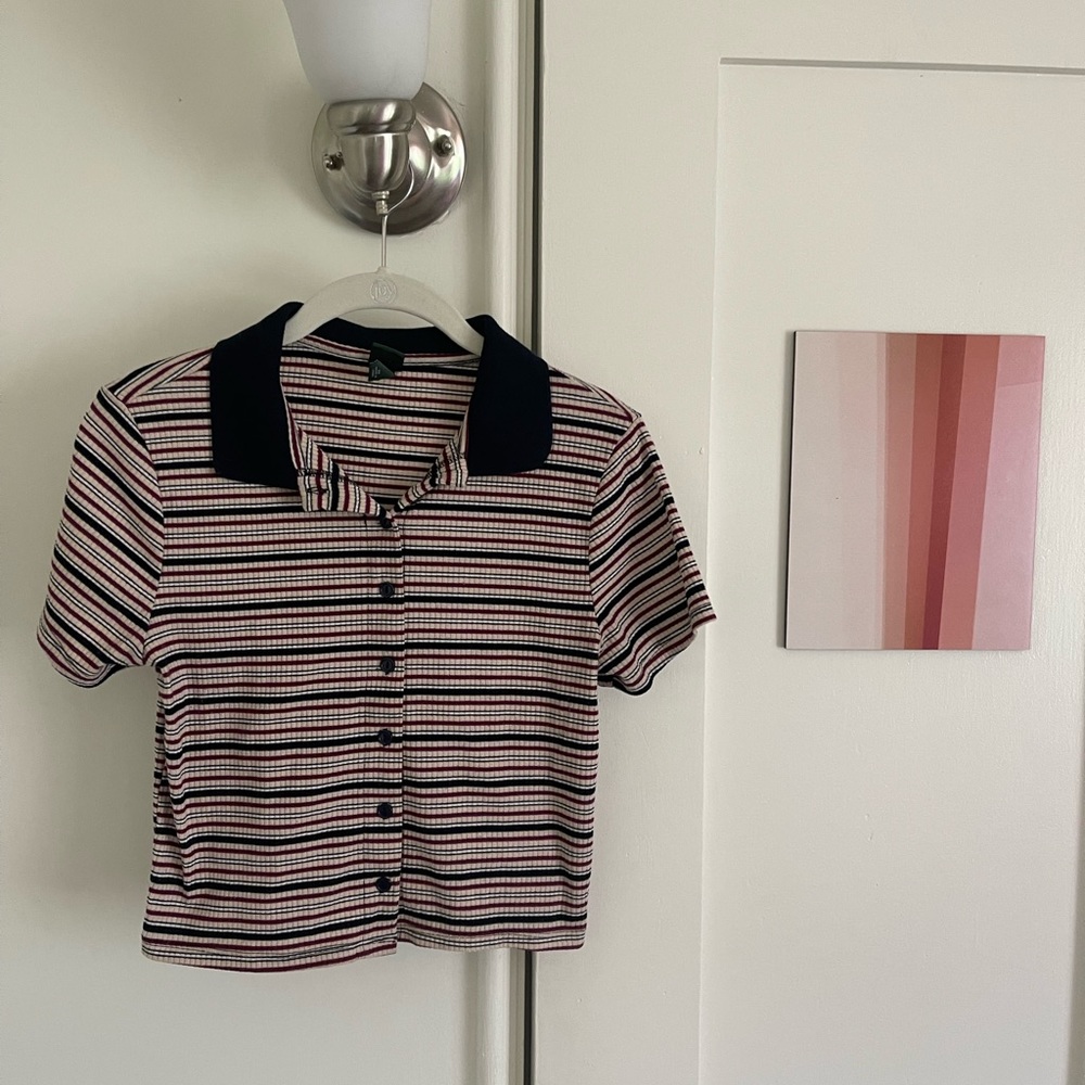 Blue and maroon retro-inspired striped cropped Wild Fable polo